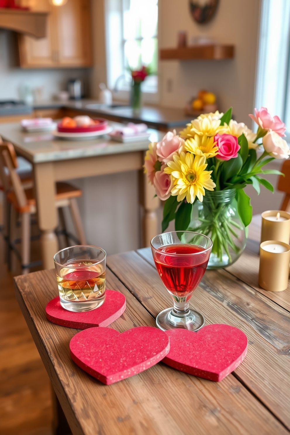 Heart shaped coasters for drinks are arranged on a rustic wooden table. The coasters are made of cork with a vibrant red finish, adding a romantic touch to the setting. In the background, a beautifully set kitchen island features a bouquet of fresh flowers in a glass vase. Soft, warm lighting illuminates the space, creating an inviting atmosphere perfect for Valentine's Day celebrations.