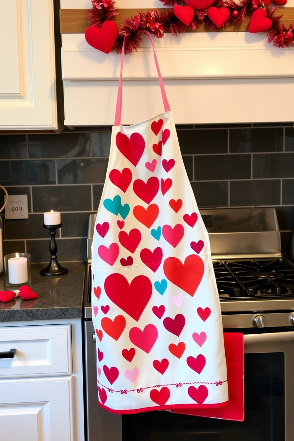 A festive apron hangs elegantly by the oven, showcasing vibrant hearts and cheerful colors. The kitchen is adorned with charming Valentine's Day decorations, including heart-shaped garlands and romantic candle arrangements on the countertops.