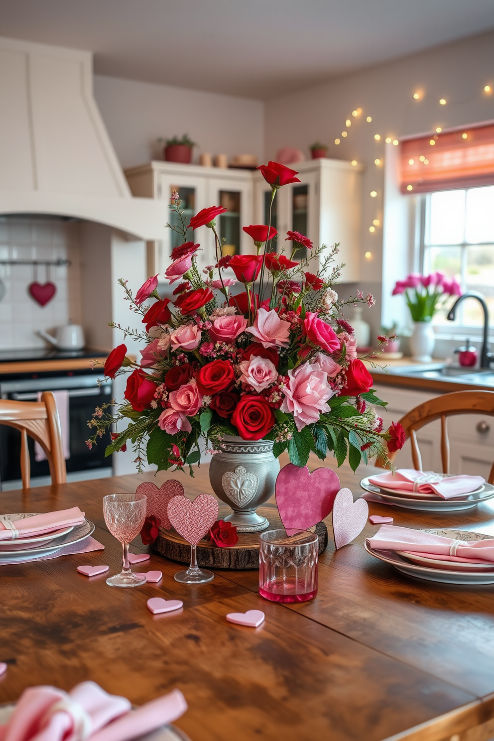 A vibrant centerpiece featuring an abundance of red and pink floral arrangements is elegantly displayed on a rustic wooden dining table. Surrounding the centerpiece are delicate heart-shaped decorations that enhance the romantic ambiance of the kitchen for Valentine's Day. The kitchen is adorned with charming accents such as soft pink table linens and matching dinnerware that complement the floral theme. Subtle fairy lights are draped around the window, adding a warm glow to the festive atmosphere.