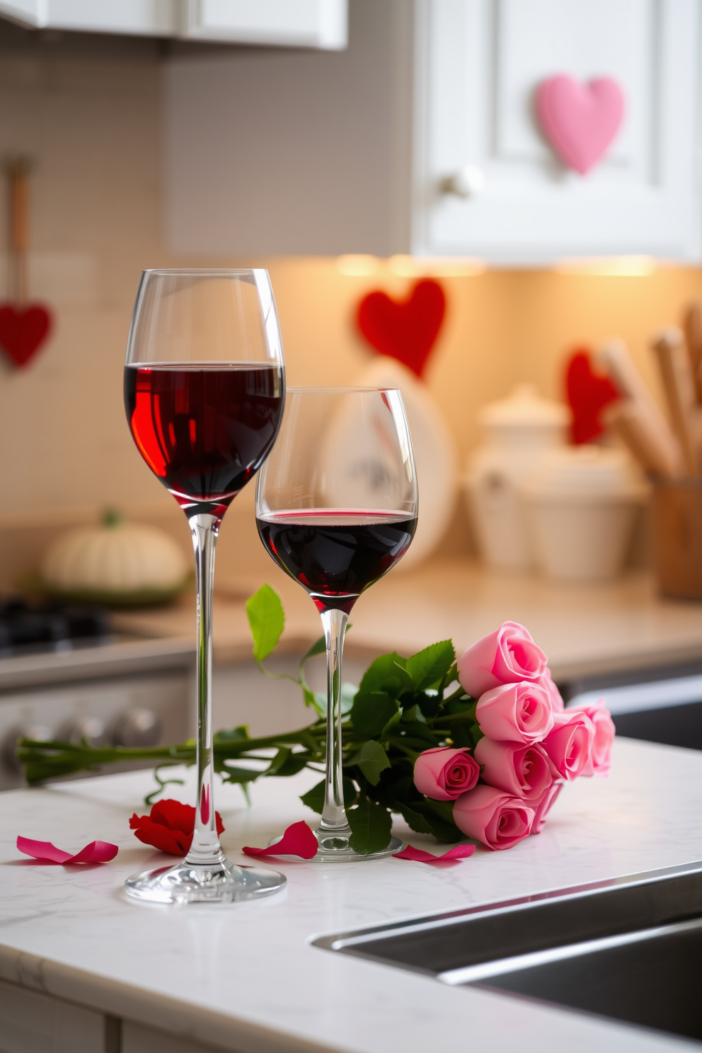 A charming kitchen setting adorned for Valentine's Day. On the counter, two elegant wine glasses filled with red wine are placed next to a small bouquet of fresh roses.