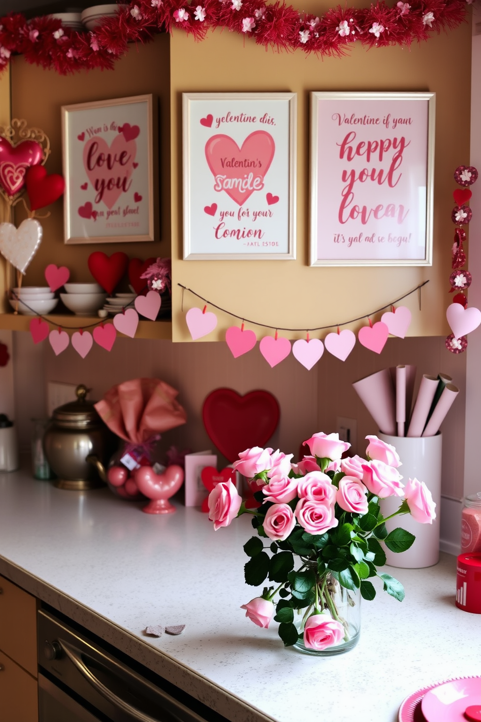 A cozy kitchen adorned with Valentine themed art on the walls. The artwork features hearts and romantic quotes in soft pastel colors, creating a warm and inviting atmosphere. Festive decorations are placed throughout the kitchen, including heart-shaped garlands and pink and red table settings. A bouquet of fresh roses sits on the countertop, adding a touch of elegance to the Valentine's Day decor.