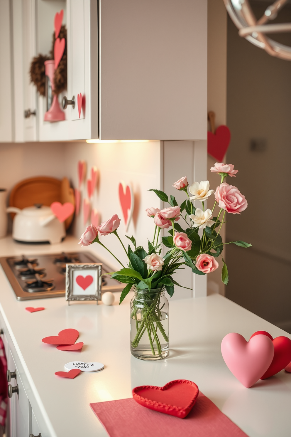 Cute love notes left on the counter create a warm and inviting atmosphere in the kitchen. Soft pastel colors dominate the decor, with heart-shaped accents and romantic touches throughout the space. The countertop is adorned with small, handwritten notes tucked into charming picture frames. Fresh flowers in a vase add a pop of color, while heart-themed tableware enhances the Valentine's Day spirit.