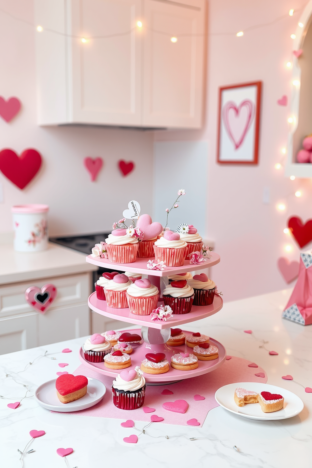 A heart shaped cake stand elegantly displays an assortment of delectable desserts including cupcakes and cookies. The cake stand is adorned with delicate floral accents, creating a romantic atmosphere perfect for Valentine's Day celebrations. The kitchen is decorated with soft pink and red hues, featuring heart-themed tableware and charming wall art. String lights add a warm glow, enhancing the festive spirit and inviting guests to indulge in the sweet treats.