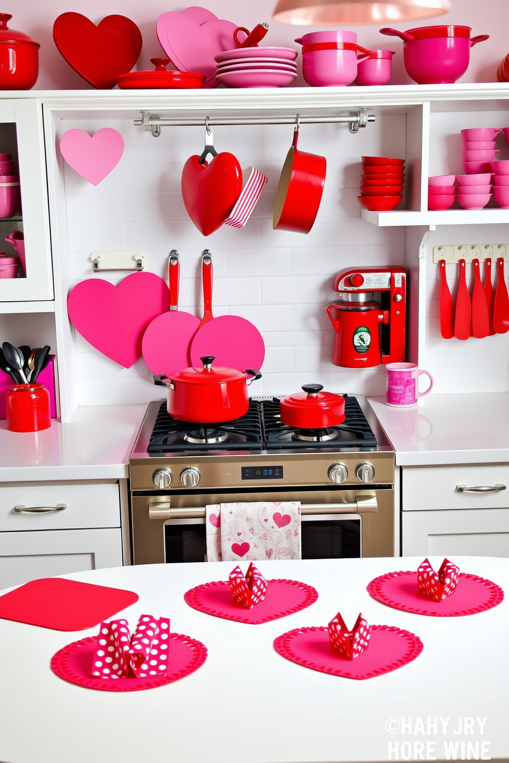 A vibrant kitchen filled with red and pink themed utensils. The countertops are adorned with heart-shaped cutting boards and playful dishware featuring romantic patterns. Bright red cookware hangs from a stylish rack above the stove, while pink mixing bowls and measuring cups are neatly arranged on the shelves. A cheerful table setting includes red and pink napkins, along with heart-themed placemats for a festive touch.