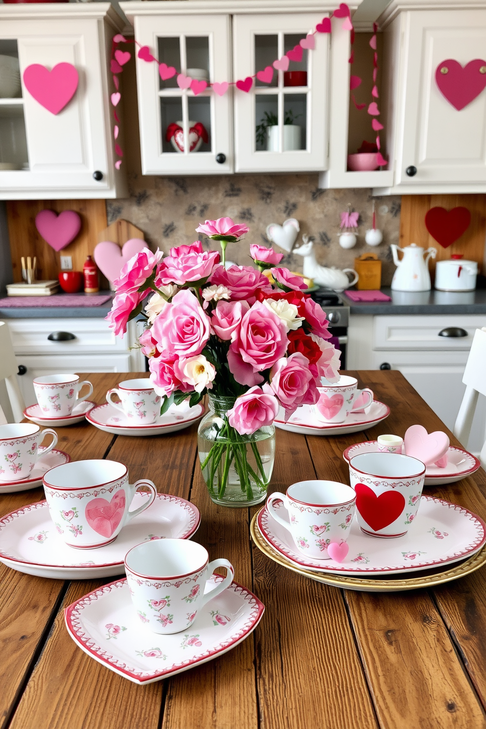 A charming Valentine's Day themed dishware set is displayed on a rustic wooden table. The set features heart-shaped plates in soft pink and red hues, accompanied by matching cups adorned with delicate floral patterns. The kitchen is decorated with playful accents, including heart garlands hanging from the cabinets. Fresh flowers in shades of pink and white are arranged in a vase at the center, adding a romantic touch to the space.