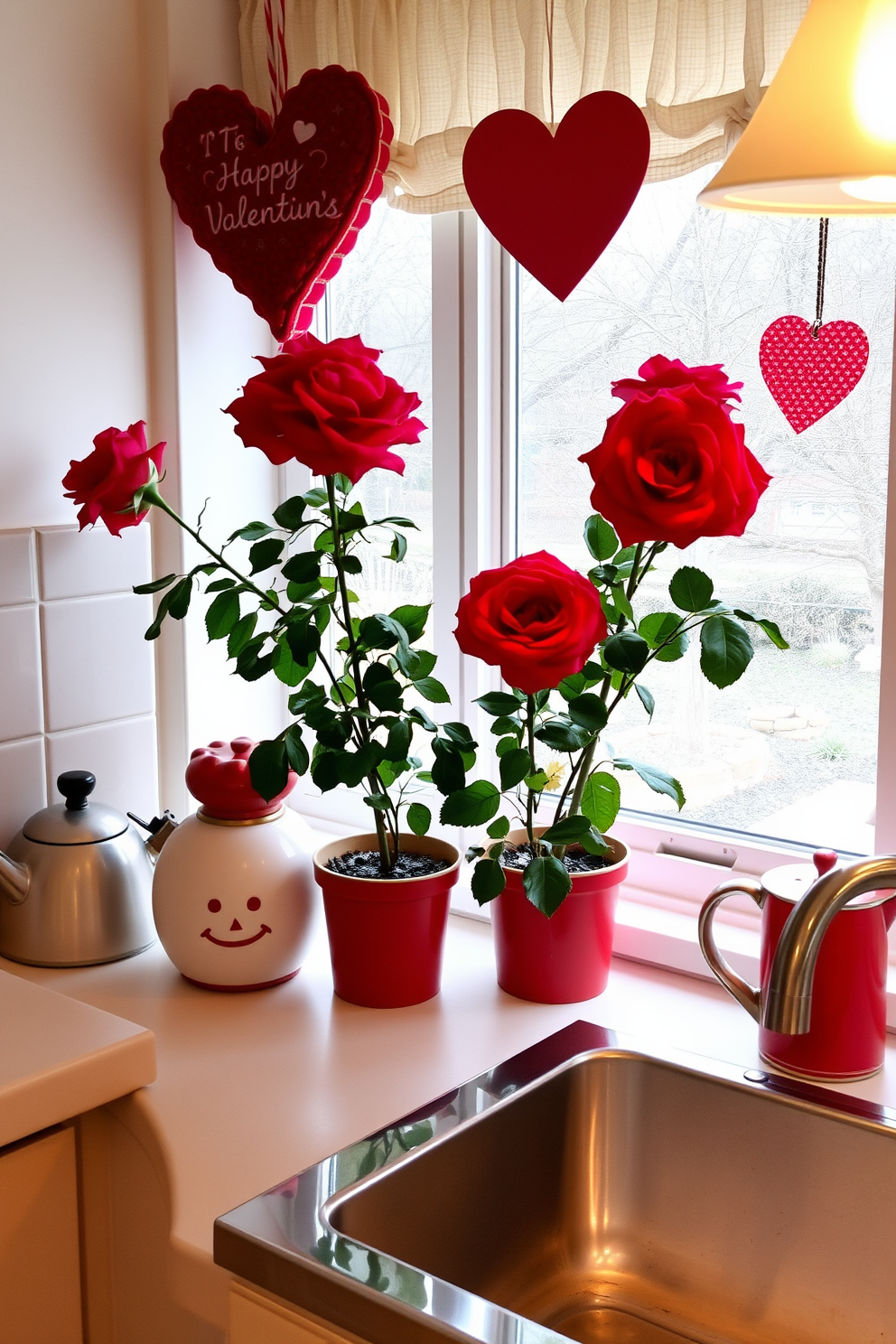 A charming kitchen setting adorned for Valentine's Day. The table is beautifully set with red and pink dishware, featuring heart-shaped plates and matching cups, creating a romantic ambiance.