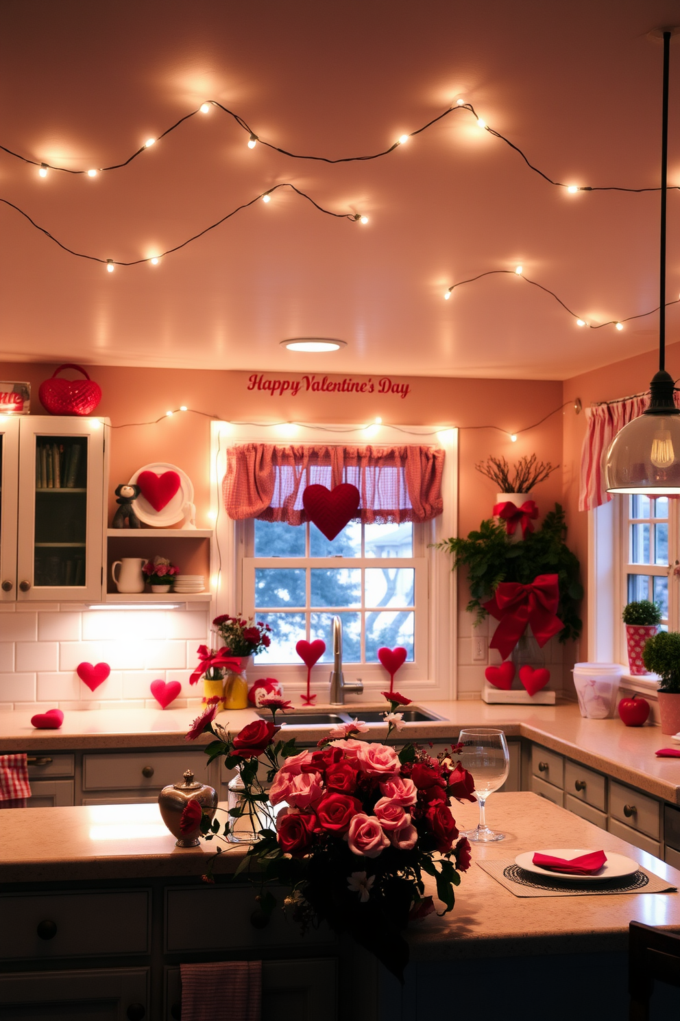 A warm and inviting kitchen adorned with string lights creating a cozy ambiance. The lights are draped across the ceiling and around the windows, casting a soft glow over the charming decor. For Valentine's Day, the kitchen features heart-shaped decorations and romantic table settings. Fresh flowers in shades of red and pink are arranged on the countertop, enhancing the festive atmosphere.