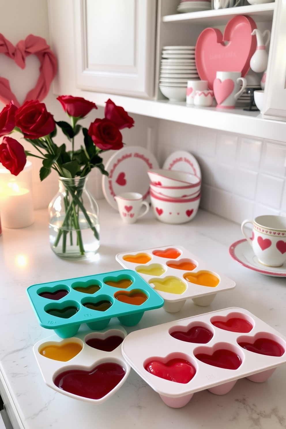 A charming kitchen setting adorned for Valentine's Day. Heart shaped ice cube trays are filled with colorful fruit juices, ready to add a festive touch to drinks. The countertops are decorated with romantic-themed dishware and a bouquet of red roses in a vase. Soft lighting creates a warm atmosphere, enhancing the love-inspired decor throughout the space.