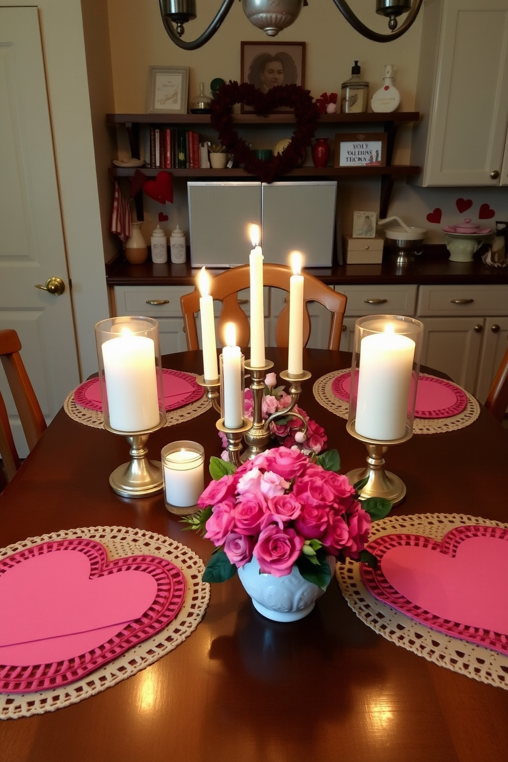 A cozy kitchen table adorned with seasonal scented candles creating a warm and inviting atmosphere. Surrounding the table are charming Valentine's Day decorations, including heart-shaped placemats and pink floral centerpieces.