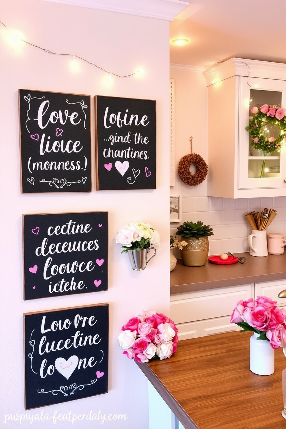 A charming kitchen adorned with love-themed dish towels hanging from the oven handle. The towels feature playful heart patterns in shades of red and pink, adding a festive touch to the space. The countertops are decorated with heart-shaped cookie cutters and a vase filled with fresh red roses. Soft lighting illuminates the room, creating a warm and inviting atmosphere perfect for Valentine's Day celebrations.