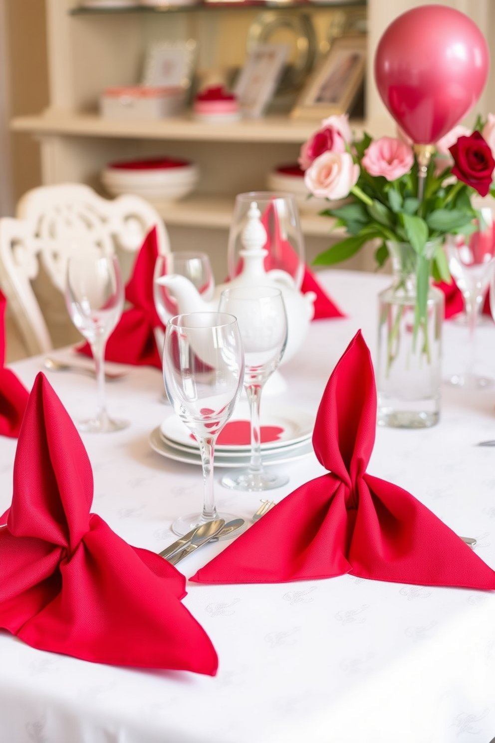 A charming kitchen adorned for Valentine's Day features a heart-shaped soap dispenser placed next to the sink. The countertop is decorated with red and pink accents, including a bouquet of fresh flowers and heart-themed dish towels.