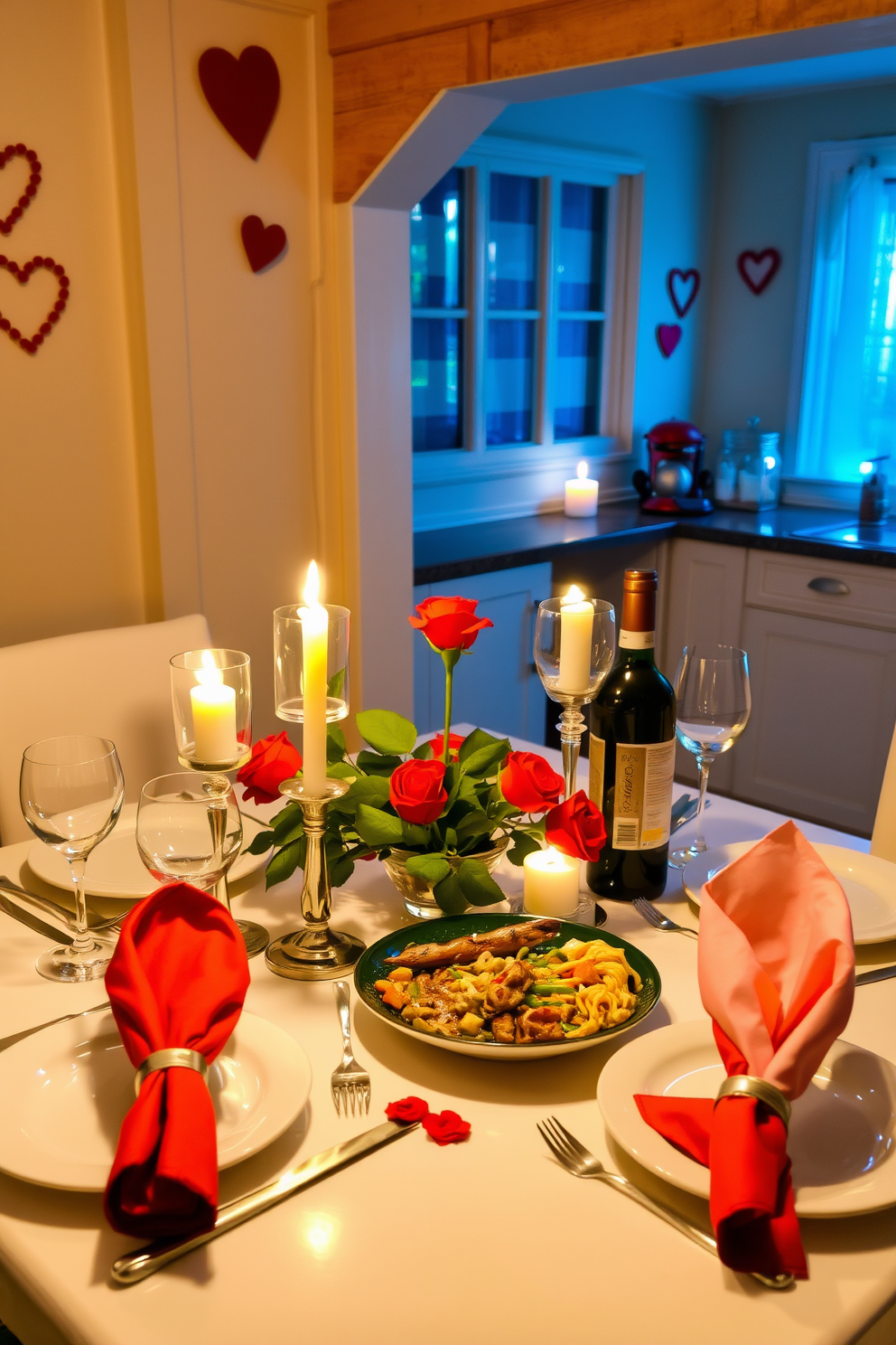 A romantic candlelight dinner setup in a cozy kitchen. The table is elegantly set with fine china, sparkling glassware, and a centerpiece of fresh roses surrounded by flickering candles. Soft, warm lighting creates an inviting atmosphere, while heart-shaped decorations adorn the walls. A delicious meal is artfully arranged on the table, complemented by a bottle of wine and two beautifully folded napkins.