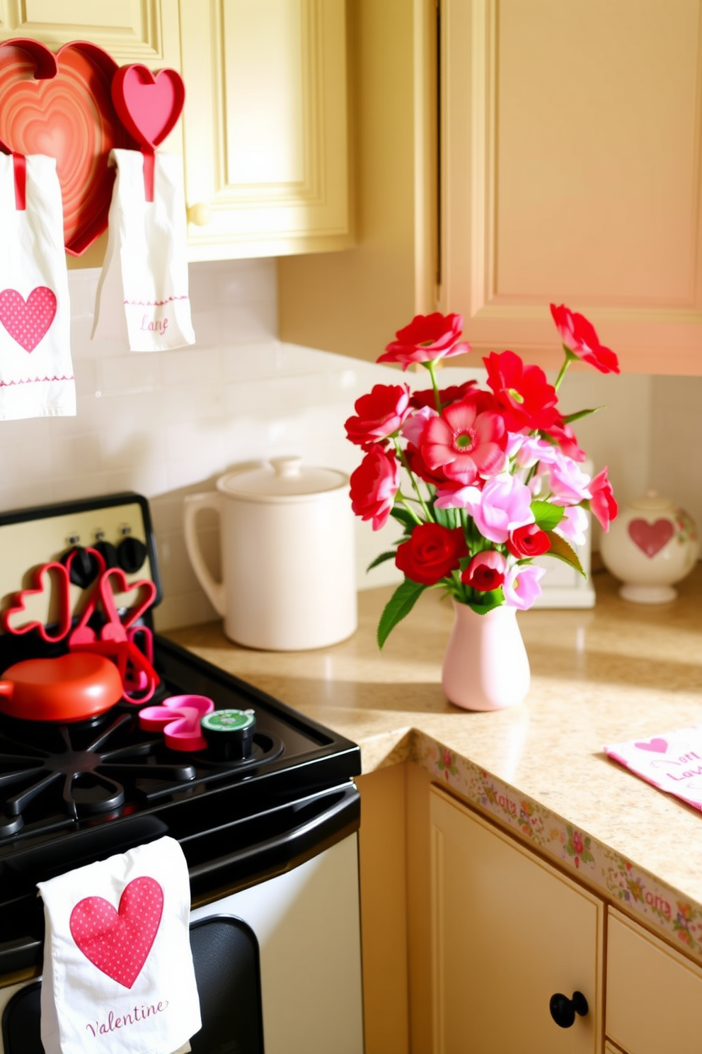 A cozy kitchen adorned with Valentine themed dish towels hanging from the oven handle. The countertops are decorated with heart-shaped cookie cutters and a vibrant bouquet of red and pink flowers in a charming vase.