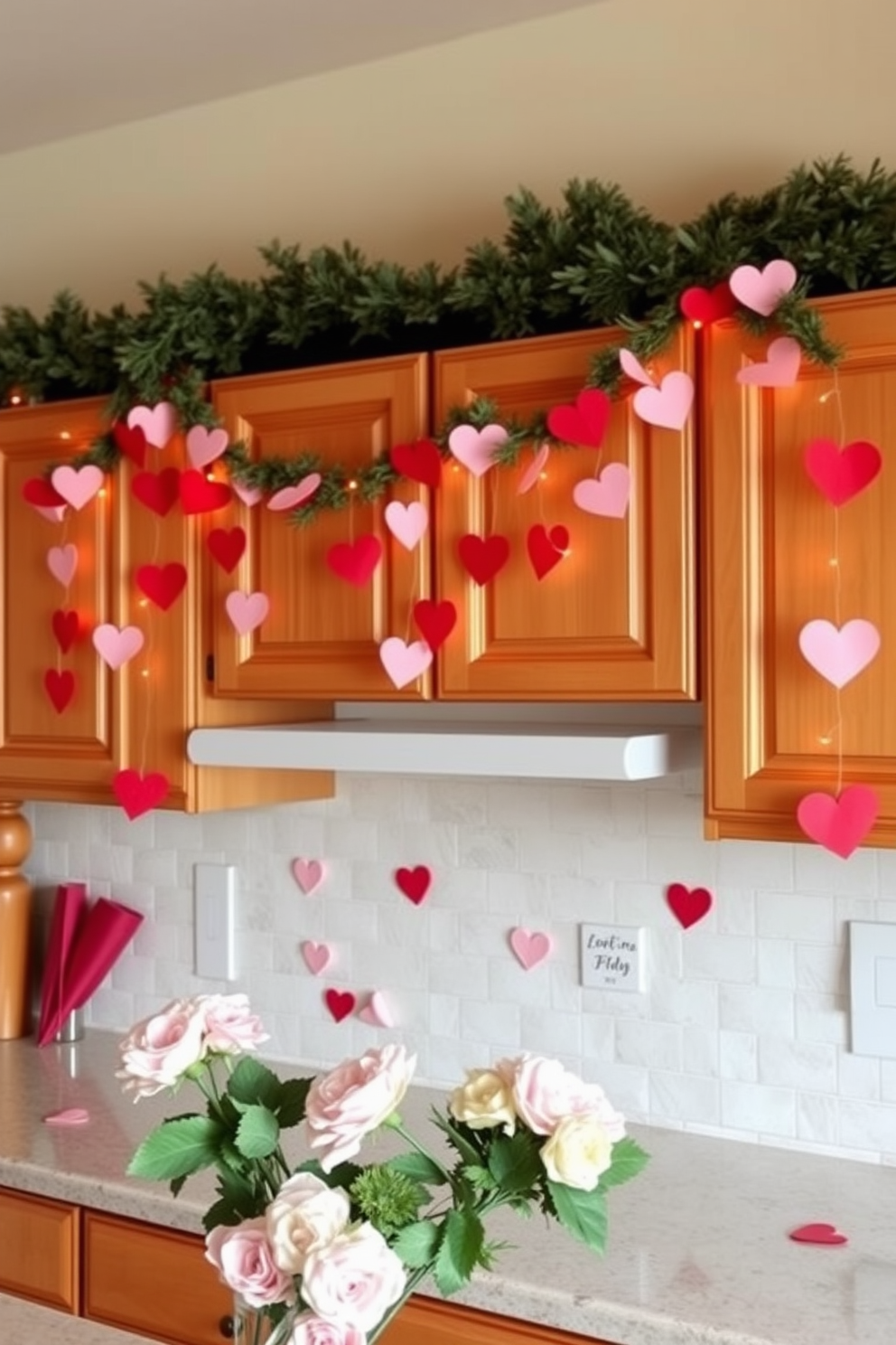 Heart garlands are elegantly draped across the cabinets, creating a festive and romantic atmosphere. The soft hues of red and pink in the garlands beautifully complement the warm wood tones of the kitchen cabinetry. Delicate heart-shaped decorations are scattered throughout the kitchen, adding a playful touch to the Valentine's Day theme. Fresh flowers in shades of pink and white are arranged on the countertop, enhancing the overall charm of the space.