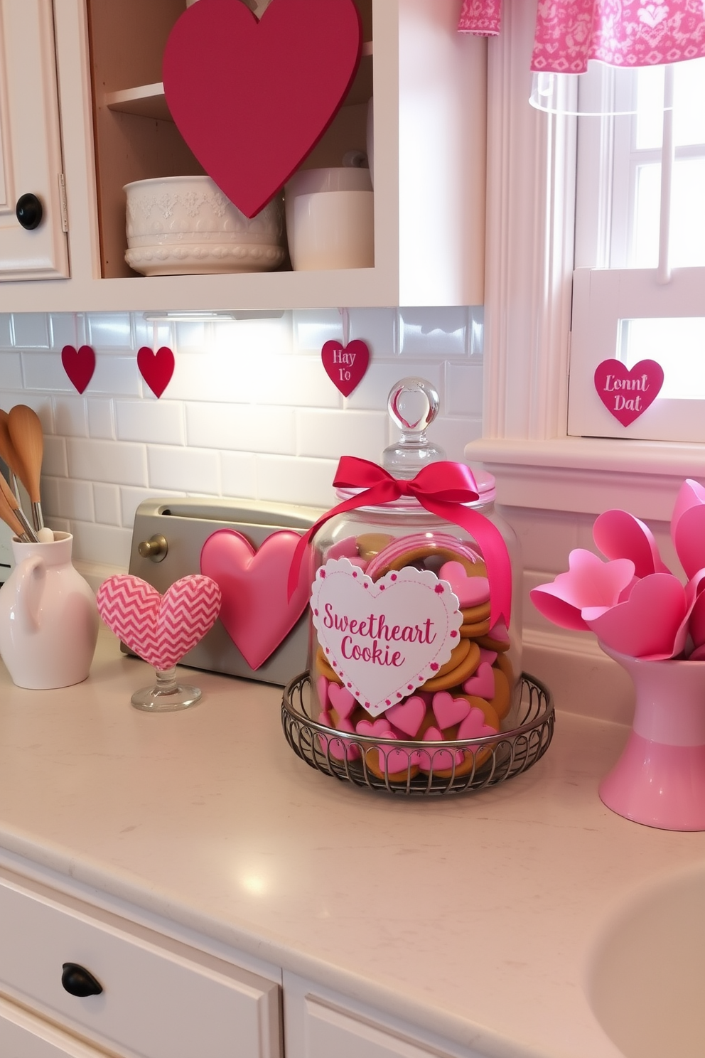 A charming kitchen setting adorned with fresh flowers arranged in a pink vase as the centerpiece. The countertops are decorated with heart-shaped cookie cutters and romantic-themed dish towels, creating a festive atmosphere for Valentine's Day.