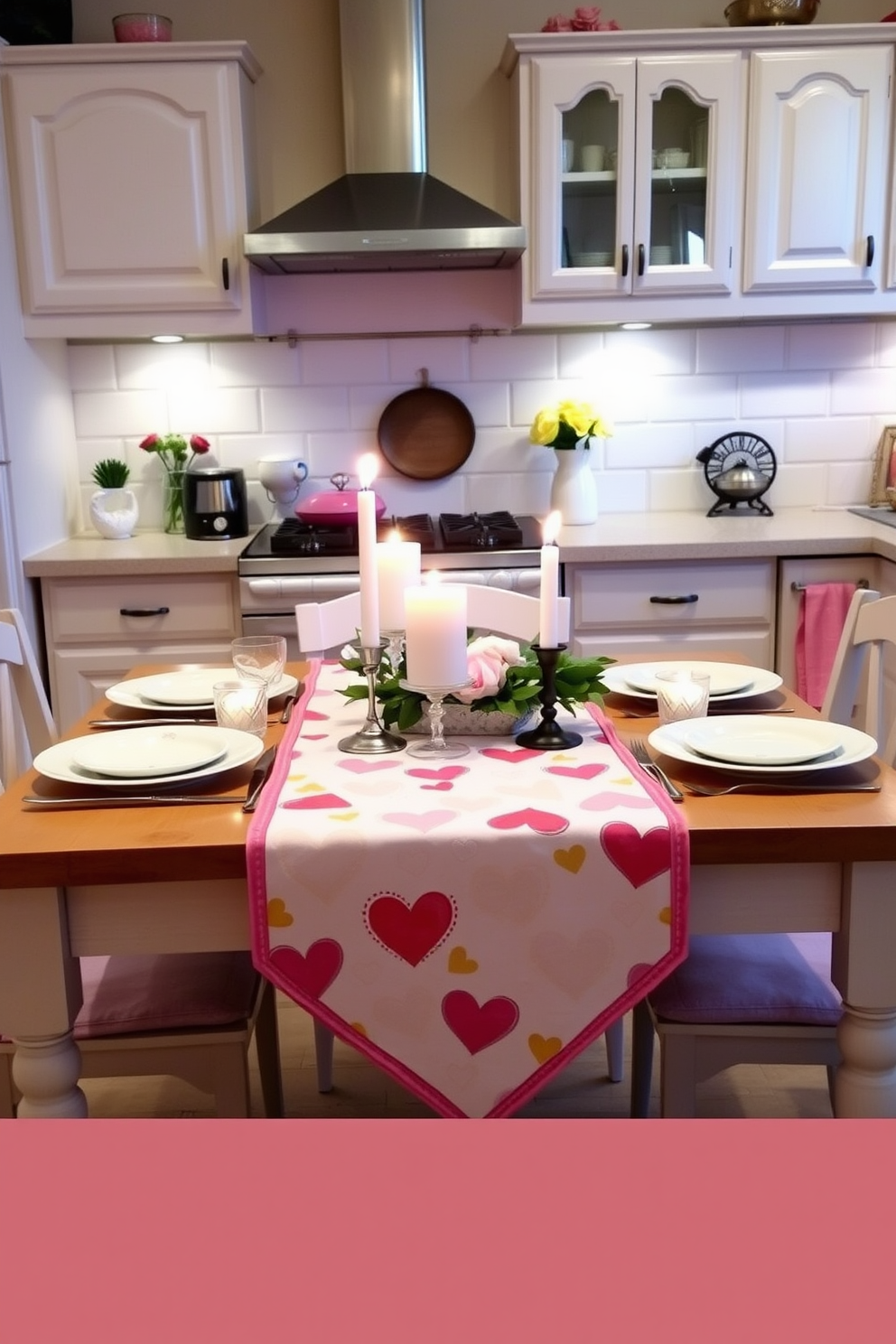 A charming kitchen setting adorned with a love themed table runner featuring heart patterns in soft pastel colors. The table is set for a romantic meal, with elegant dinnerware and flickering candles creating a warm ambiance for Valentine's Day celebrations.