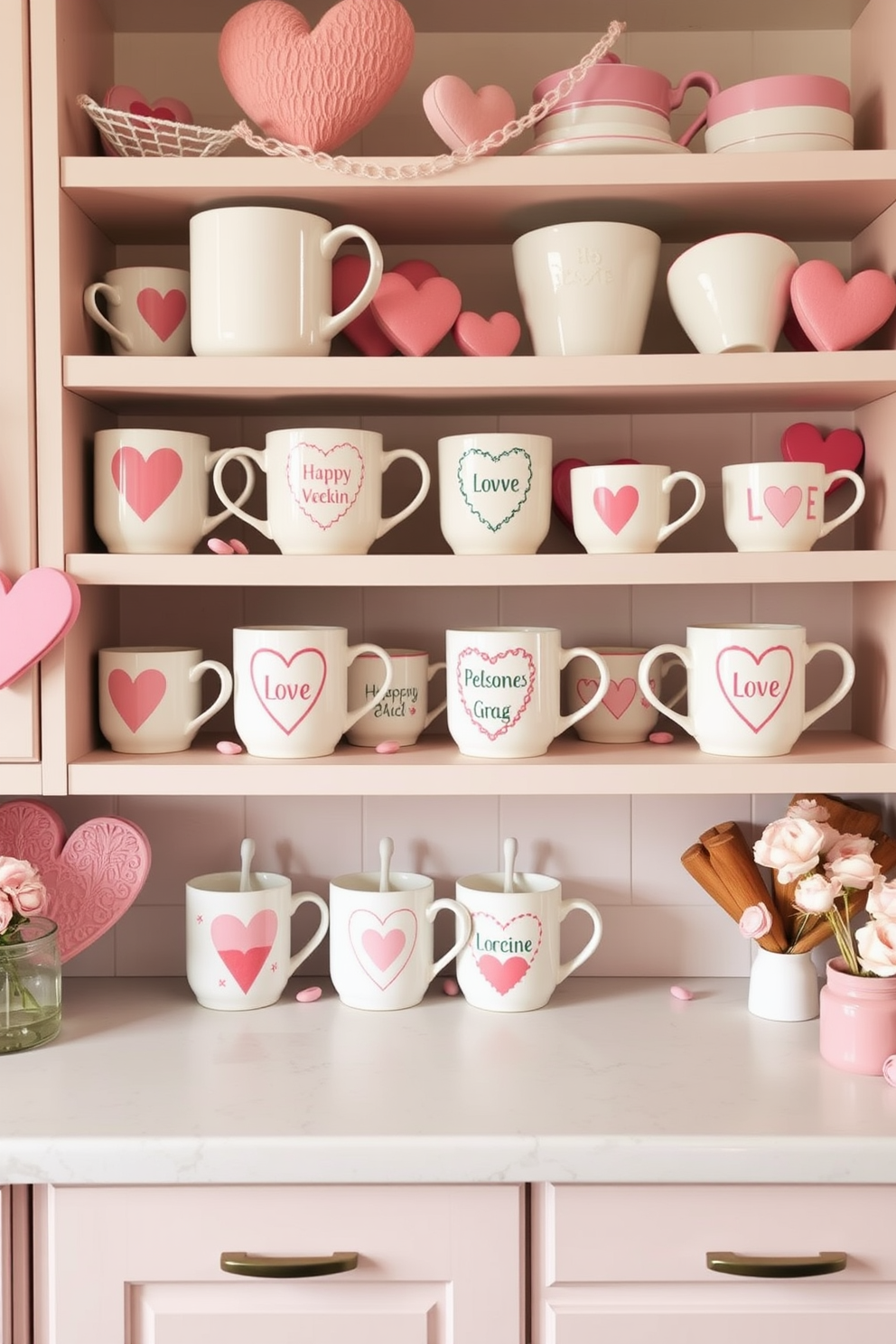 Valentine themed mugs in a cozy kitchen setting. The mugs are arranged on open shelves, surrounded by heart-shaped decorations and soft pink accents.