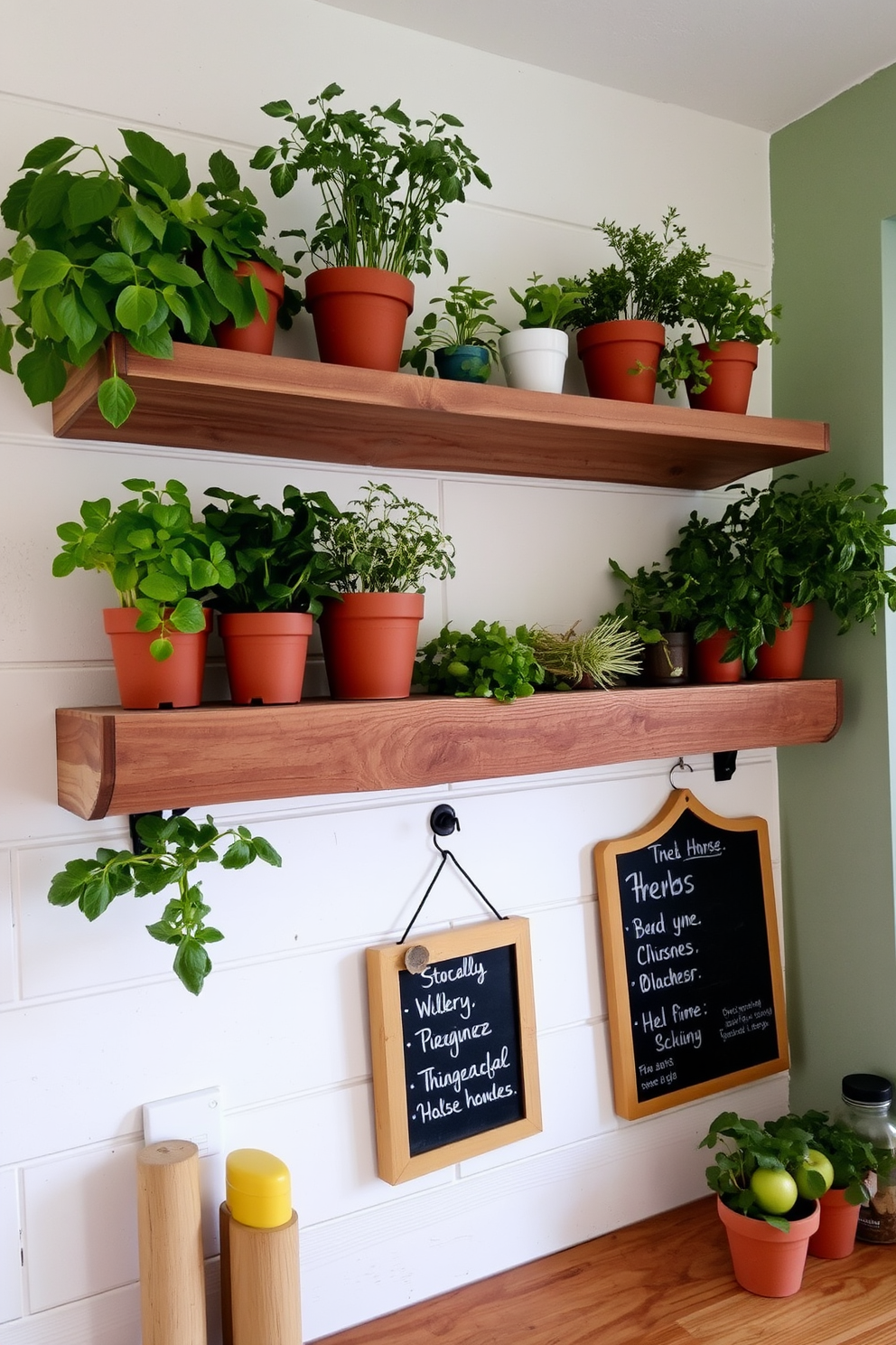 Rustic wooden shelves are mounted on a whitewashed wall, displaying an array of potted herbs in various sizes. The shelves are made from reclaimed wood, adding warmth and character to the kitchen space. The wall behind the shelves is painted in a soft sage green, creating a fresh and inviting atmosphere. A small chalkboard hangs nearby, featuring handwritten labels for each herb, enhancing the rustic charm.