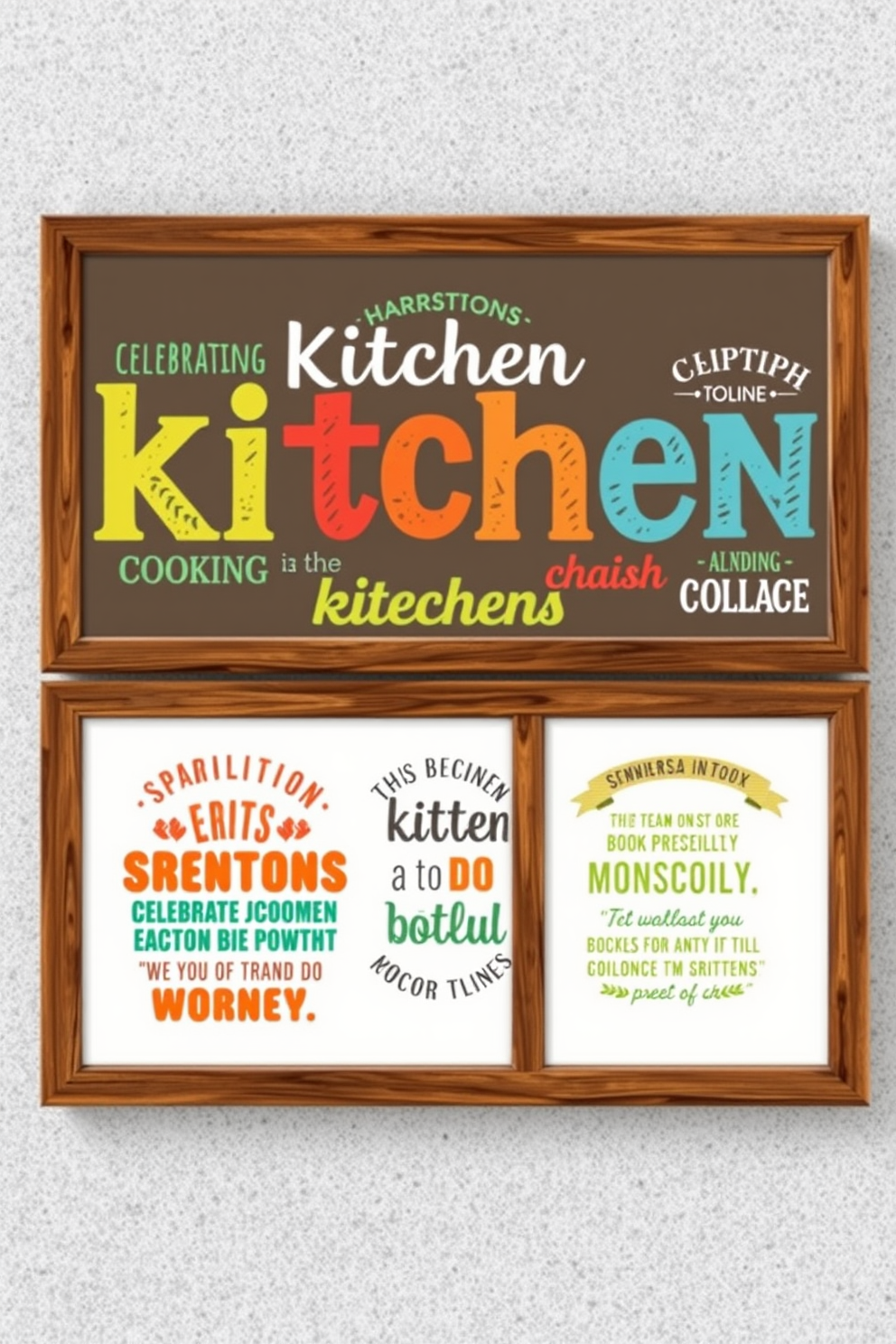 Create a vibrant kitchen wall design featuring typography art with inspiring kitchen quotes. The design should incorporate a mix of playful fonts and colors, arranged artistically on a textured background that complements the kitchen decor. Include quotes that celebrate cooking and family gatherings, framed in rustic wooden frames. The overall aesthetic should evoke warmth and creativity, making the kitchen an inviting space for culinary adventures.