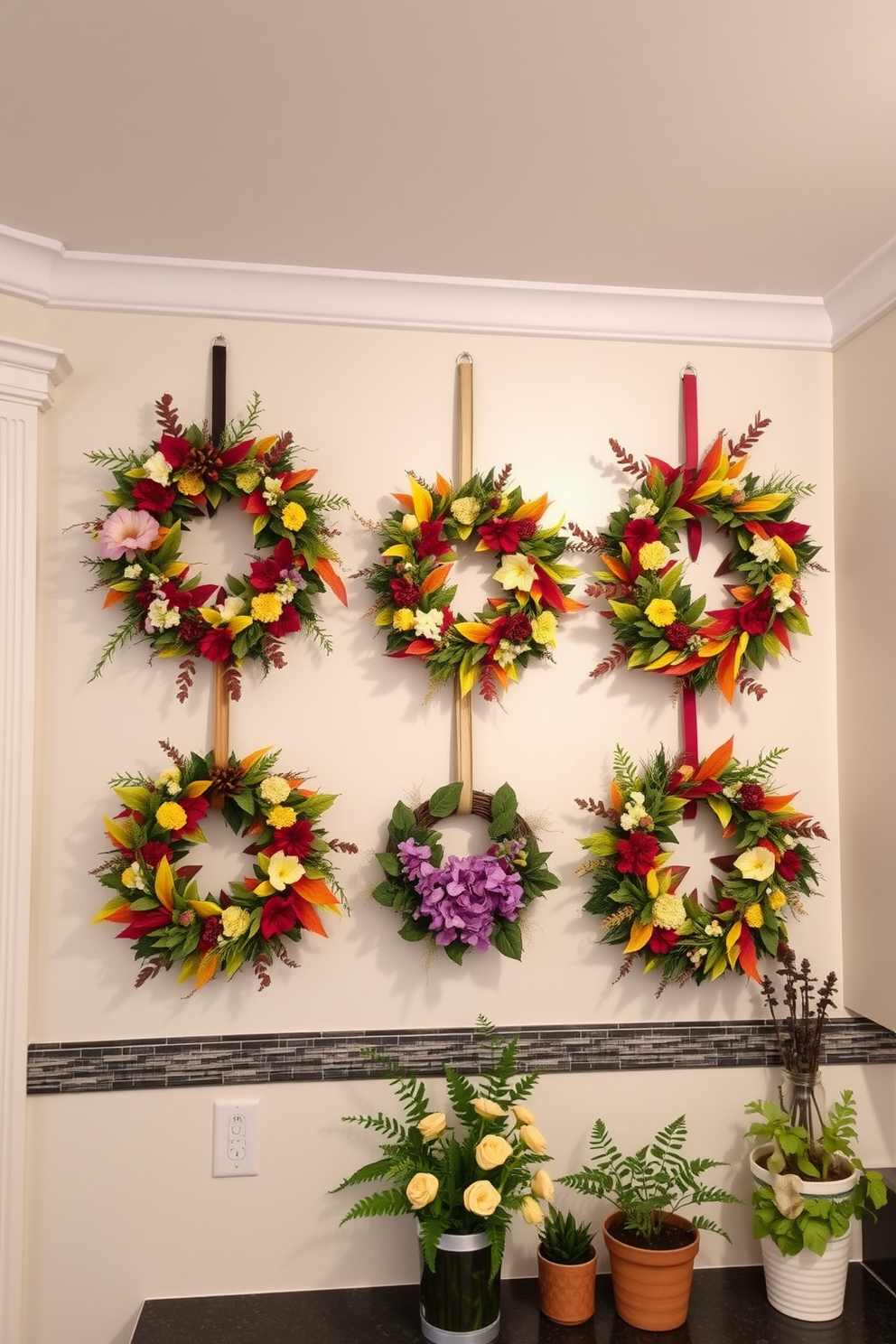 A collection of seasonal wreaths showcasing vibrant colors and natural elements. Each wreath is uniquely designed with a mix of flowers, leaves, and festive accents to enhance the holiday spirit. A contemporary kitchen wall adorned with open shelving and stylish decor. The walls are painted in a soft neutral tone, complemented by decorative plates and plants for a fresh look.