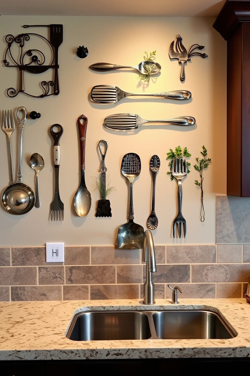 A stunning kitchen wall adorned with metal wall art featuring culinary themes. The artwork includes intricate designs of kitchen utensils and herbs, creating a vibrant focal point.