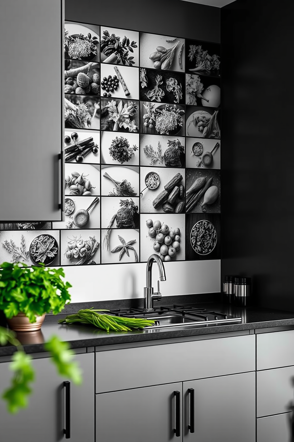 A striking kitchen wall adorned with black and white photographs of fresh ingredients. The images are arranged in a grid pattern, creating a modern and artistic focal point that complements the sleek cabinetry. The wall features a mix of culinary herbs, spices, and vibrant vegetables captured in high contrast. This design not only enhances the aesthetic but also inspires creativity in cooking and meal preparation.