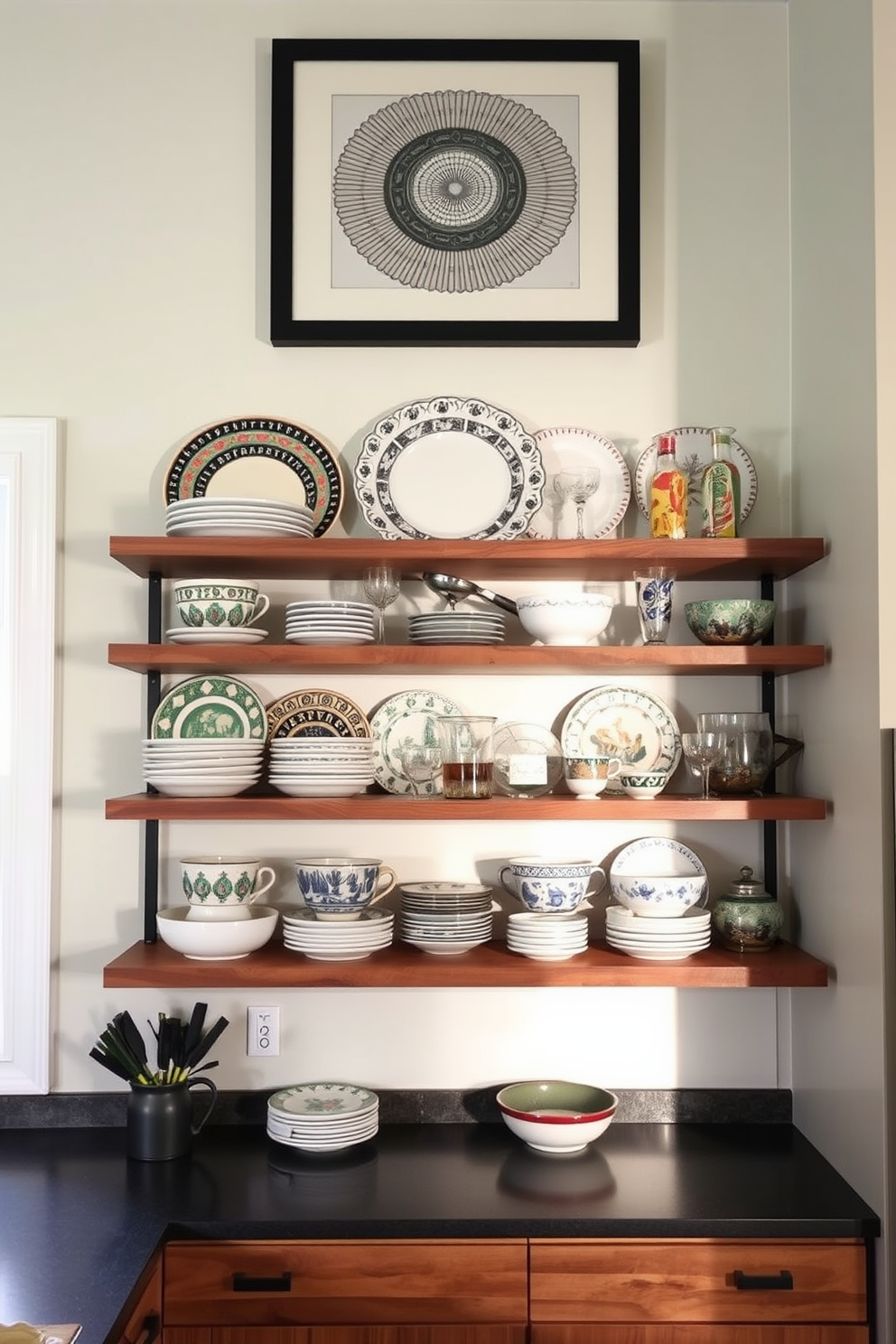 Open shelving displays an array of decorative dishware in a modern kitchen. The shelves are made of reclaimed wood, showcasing colorful plates, elegant glassware, and artisanal bowls. The kitchen wall features a soft pastel color that complements the dishware. Above the shelves, stylish artwork adds a personal touch and enhances the overall aesthetic.