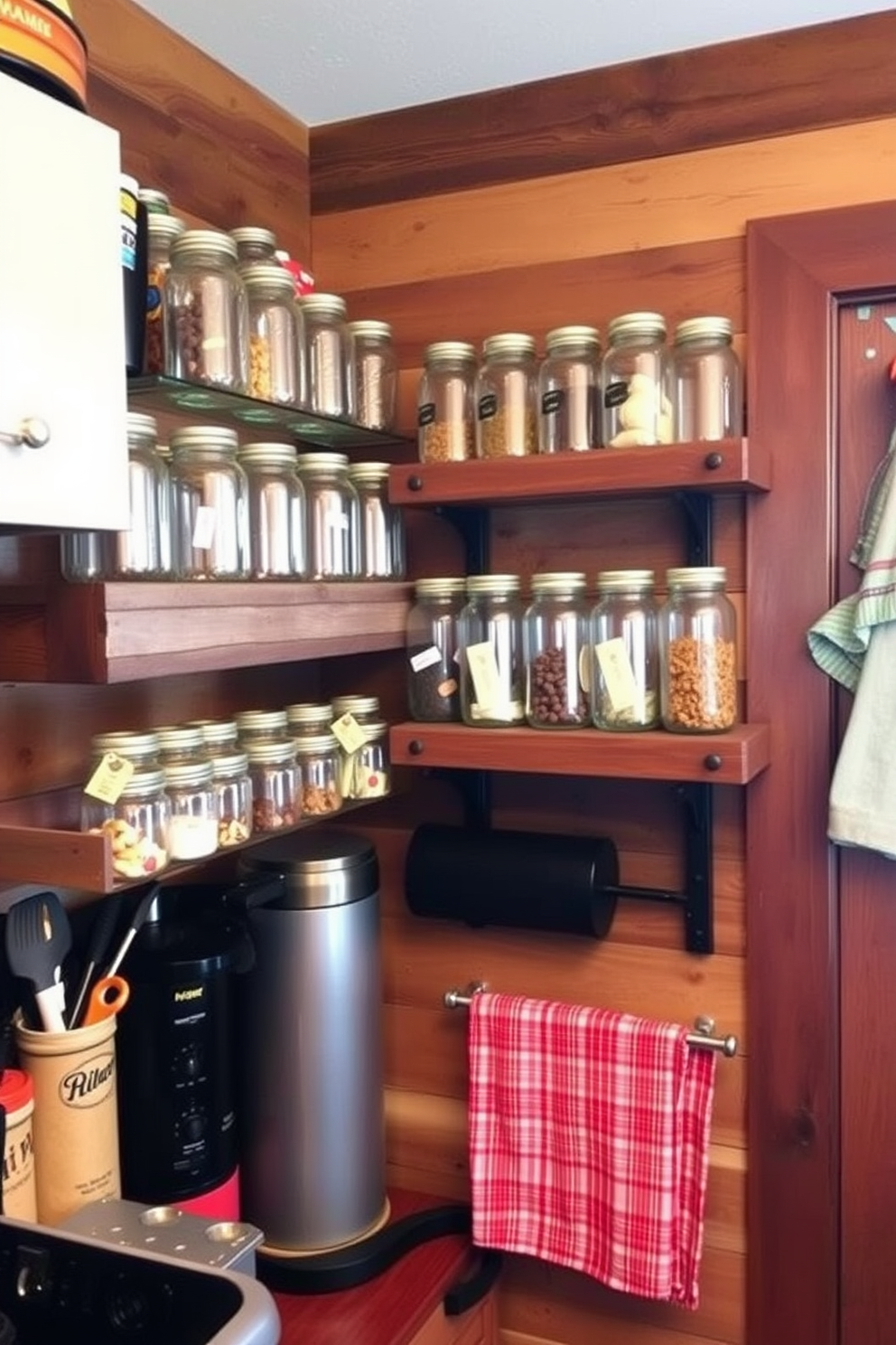 A cozy kitchen featuring mason jar organizers mounted on rustic wooden shelves. The walls are adorned with reclaimed wood panels, and the space is filled with warm, inviting colors.