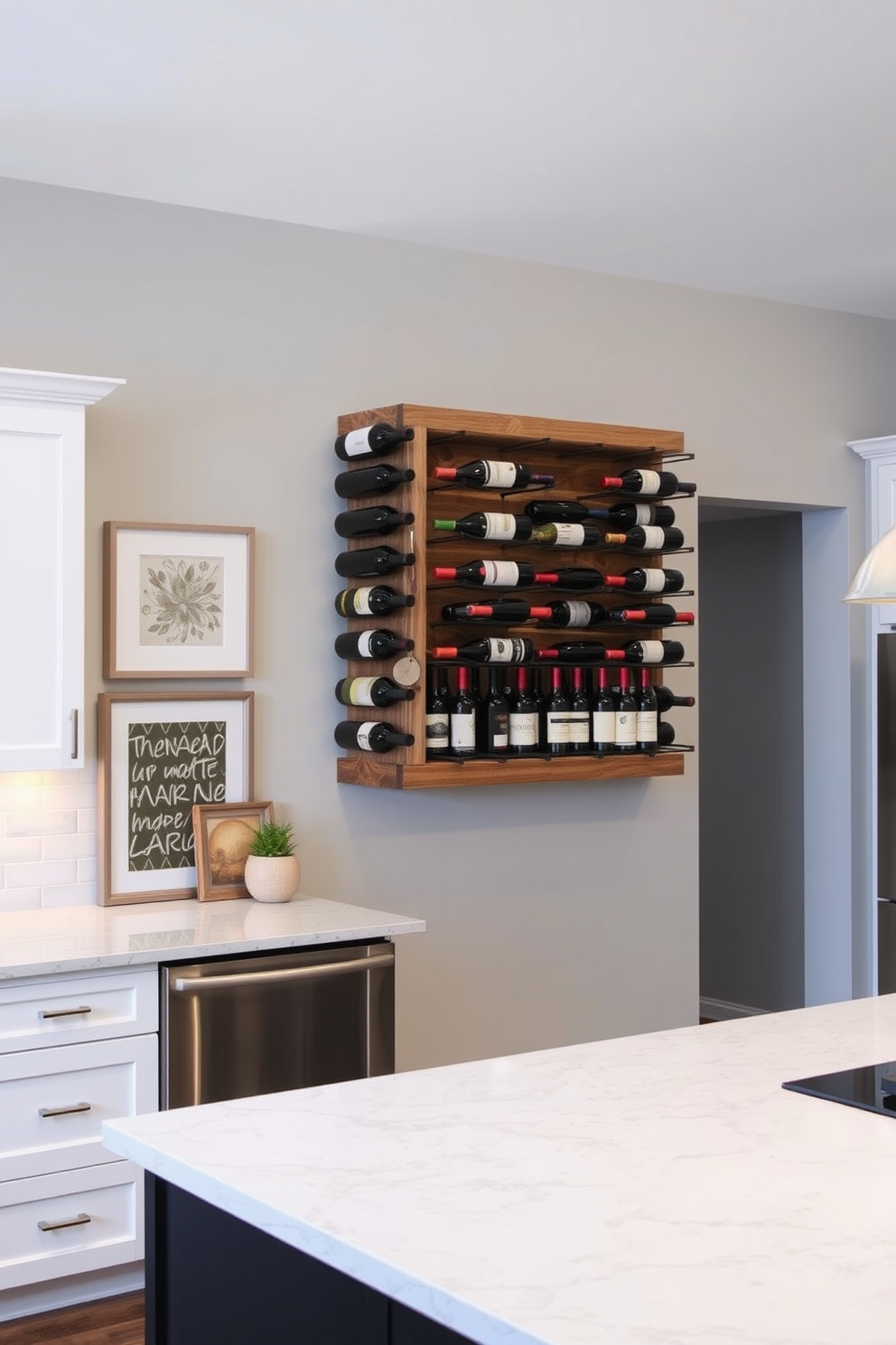 A modern kitchen featuring a wall-mounted wine rack made from reclaimed wood, showcasing an elegant display of various wine bottles. The wall behind the rack is painted in a soft gray, complemented by sleek white cabinetry and stainless steel appliances. Incorporate decorative elements such as framed artwork and ambient lighting to enhance the overall aesthetic. The kitchen island, topped with a polished quartz surface, serves as a functional workspace and gathering spot.