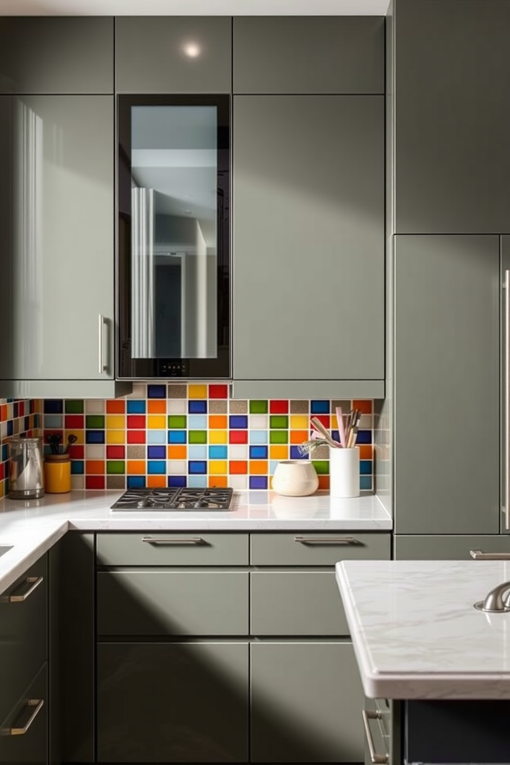 A vibrant kitchen featuring colorful tiles as a backsplash. The tiles are arranged in a playful pattern that adds energy to the space while complementing the sleek cabinetry and countertops.