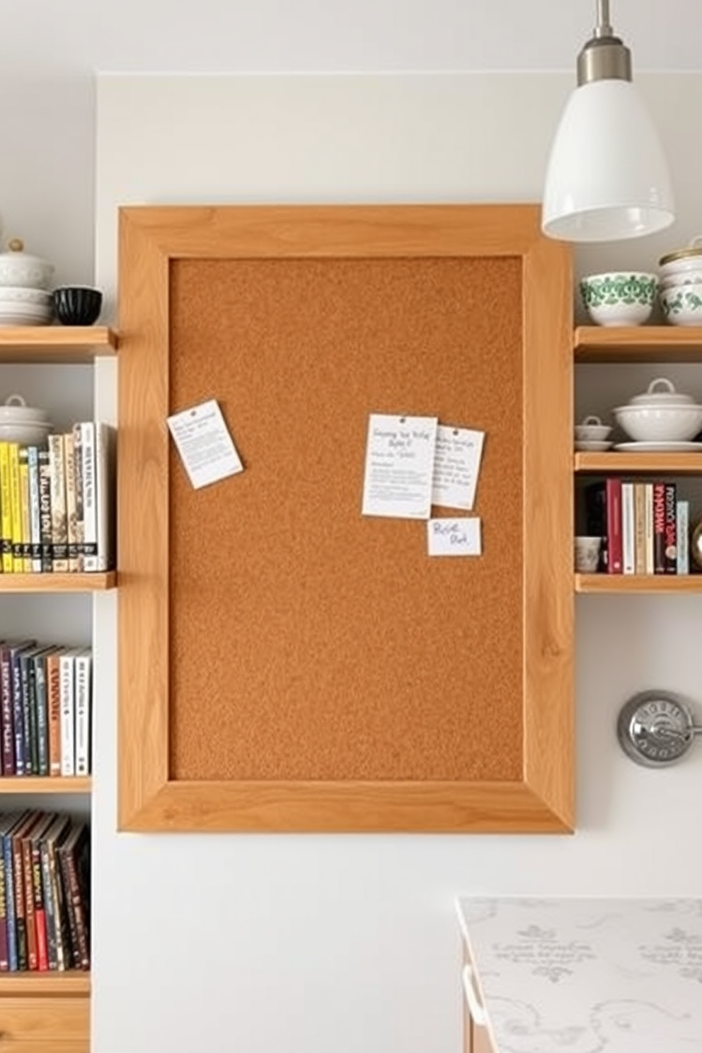 A stylish kitchen wall featuring a large corkboard designed for recipe clippings and notes. The corkboard is framed with natural wood, adding warmth to the space, and is surrounded by open shelving displaying colorful cookbooks and decorative kitchenware.