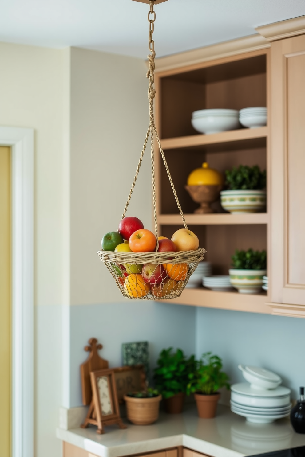 A hanging fruit basket is suspended from the ceiling, adding a touch of warmth and functionality to the kitchen. The basket is filled with a variety of colorful fruits, creating a vibrant focal point against the backdrop of the kitchen. The kitchen walls are adorned with a soft, neutral paint color that complements the cabinetry. Accents of open shelving showcase decorative dishware and potted herbs, enhancing the inviting atmosphere of the space.