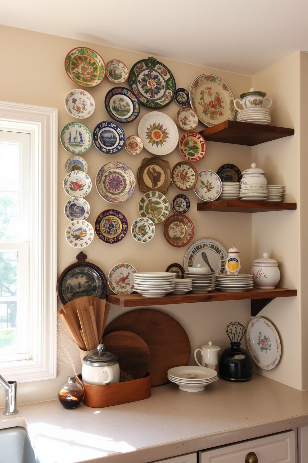 A charming vintage plate display adorns an open wall in the kitchen, showcasing an array of colorful and intricately designed plates. The wall is painted in a soft cream color, providing a warm backdrop that enhances the beauty of the plates. Surrounding the display are rustic wooden shelves that hold additional kitchenware and decorative items. A cozy, inviting atmosphere is created by the combination of natural light streaming in from a nearby window and the warm tones of the decor.