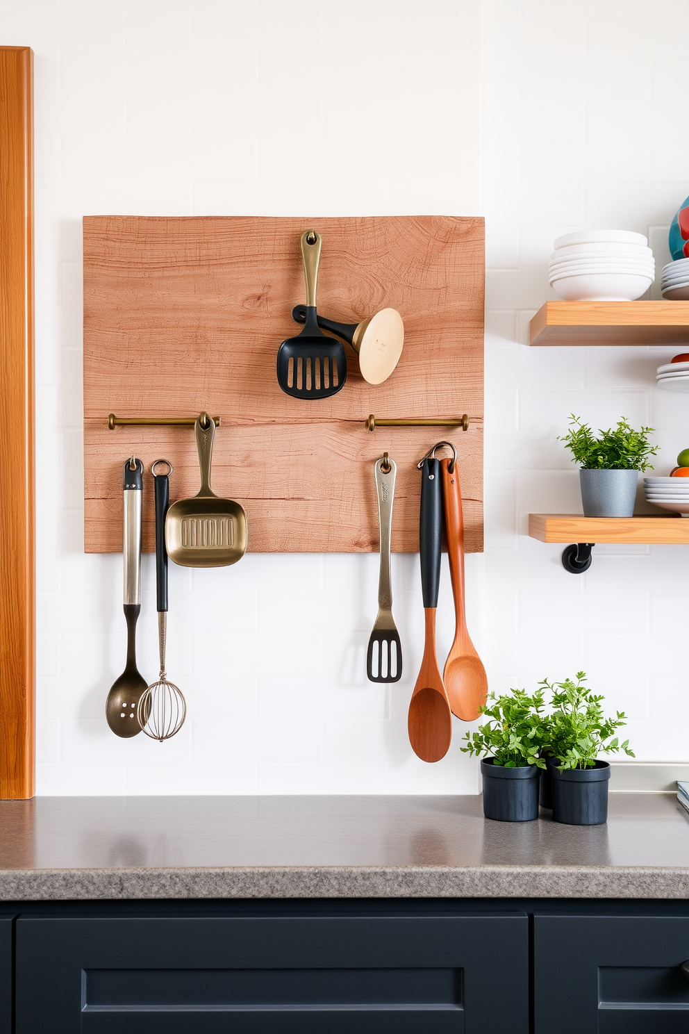 A set of decorative hooks is mounted on a rustic wooden board, showcasing various kitchen utensils in an organized and artistic manner. The hooks are crafted from brushed brass, adding a touch of elegance to the kitchen space. The kitchen wall features a stylish backsplash made of white subway tiles with a herringbone pattern, creating a modern yet timeless look. Complementing the tiles, open shelving displays colorful dishware and potted herbs, enhancing the overall aesthetic of the kitchen.