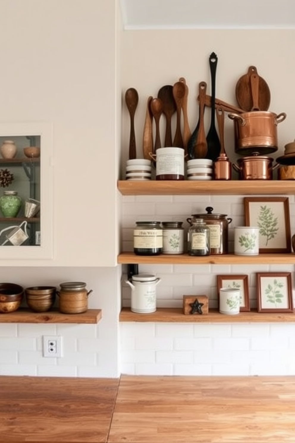 Artful display of vintage kitchen tools. A collection of antique wooden spoons, copper pots, and ceramic jars is arranged on open shelves above a rustic wooden countertop. Kitchen wall design ideas. The walls are adorned with a soft pastel color and feature a stylish backsplash made of subway tiles, complemented by framed botanical prints.