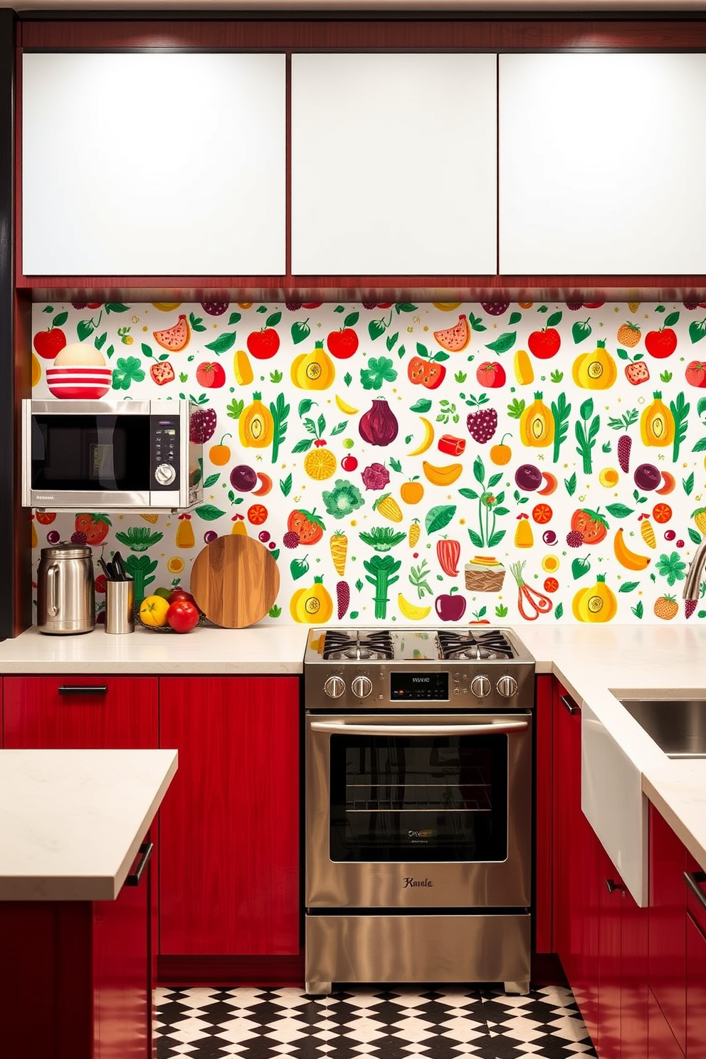 A vibrant kitchen wall adorned with bold wallpaper featuring colorful food patterns. The design includes playful illustrations of fruits and vegetables that bring a lively atmosphere to the space.