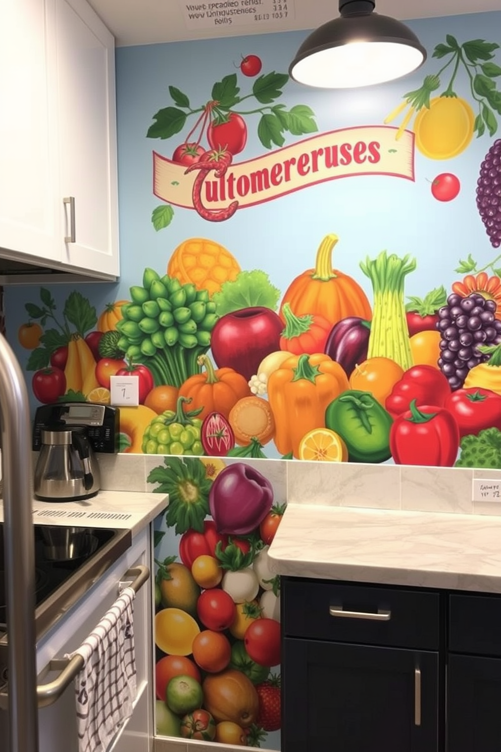 A vibrant custom mural showcasing an array of local produce fills the kitchen wall. The design includes colorful fruits and vegetables artfully arranged to create a lively and inviting atmosphere.