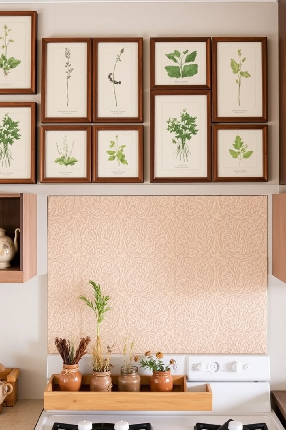 Framed botanical prints of herbs adorn the kitchen walls, creating a fresh and organic atmosphere. The prints are arranged in a grid pattern, showcasing a variety of herbs in elegant frames that complement the kitchen's color scheme. The wall behind the stove features a textured backsplash in soft earth tones, enhancing the natural theme of the space. Open shelving below the prints displays rustic ceramic jars filled with dried herbs, adding both functionality and charm to the kitchen.