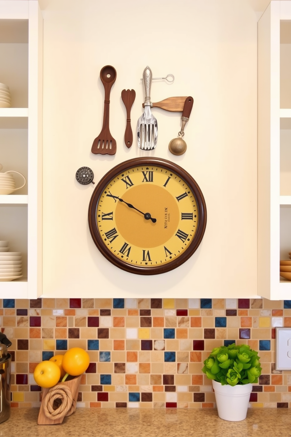 A charming clock with a kitchen theme features a rustic wooden frame adorned with vintage kitchen utensils. The clock face displays classic Roman numerals, surrounded by a warm color palette that complements the kitchen decor. For kitchen wall design ideas, envision a combination of open shelving and tiled accents. The walls are painted in a soft cream color, with a striking backsplash of colorful mosaic tiles that adds character and warmth to the space.