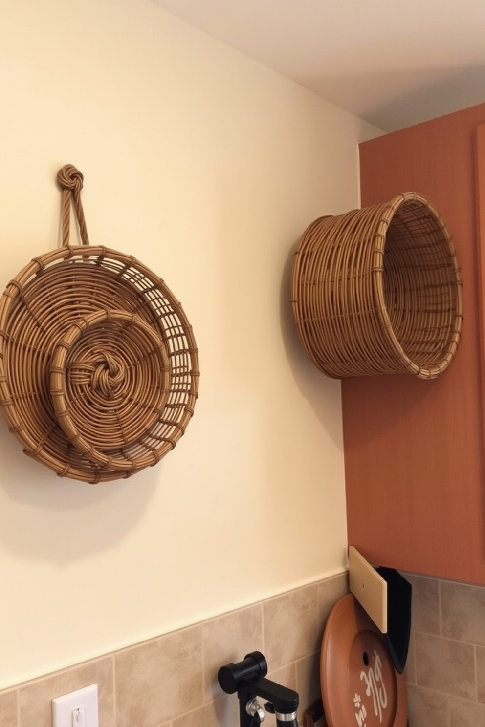 Decorative baskets are mounted on the wall, providing both functionality and a touch of rustic charm. The kitchen walls are painted in a soft cream color, creating a warm and inviting atmosphere. The baskets are woven from natural fibers, adding texture and warmth to the space. Accented by subtle lighting, they enhance the kitchen's overall aesthetic while offering practical storage solutions.