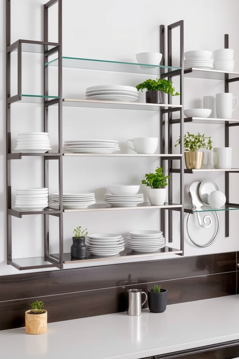 A modern kitchen wall featuring sleek metal shelves arranged in a stylish configuration. The shelves are adorned with minimalist dishware and potted herbs, enhancing the contemporary aesthetic.