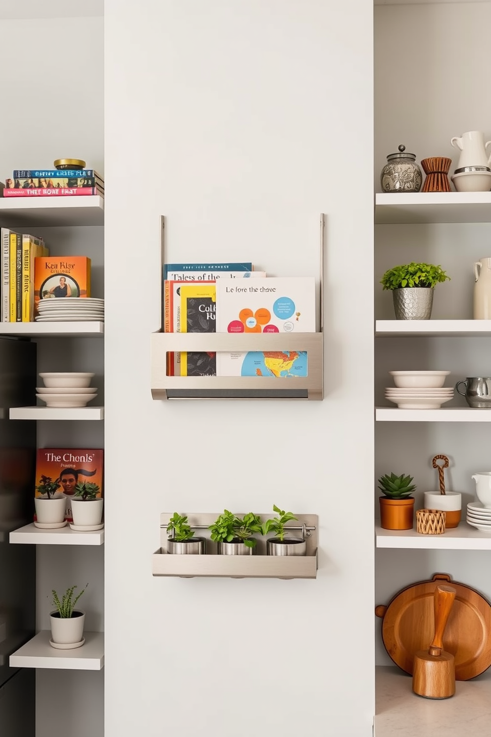 A modern kitchen wall featuring a sleek wall-mounted cookbook holder made of brushed stainless steel. Surrounding the holder are open shelves displaying colorful cookbooks, herbs in stylish pots, and decorative kitchenware for an inviting atmosphere.