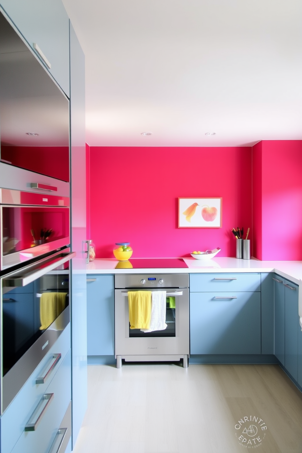 A brightly painted accent wall in a vibrant hue serves as the focal point of the kitchen, creating an inviting and lively atmosphere. The surrounding cabinetry is sleek and modern, complementing the bold color while enhancing the overall design aesthetic.