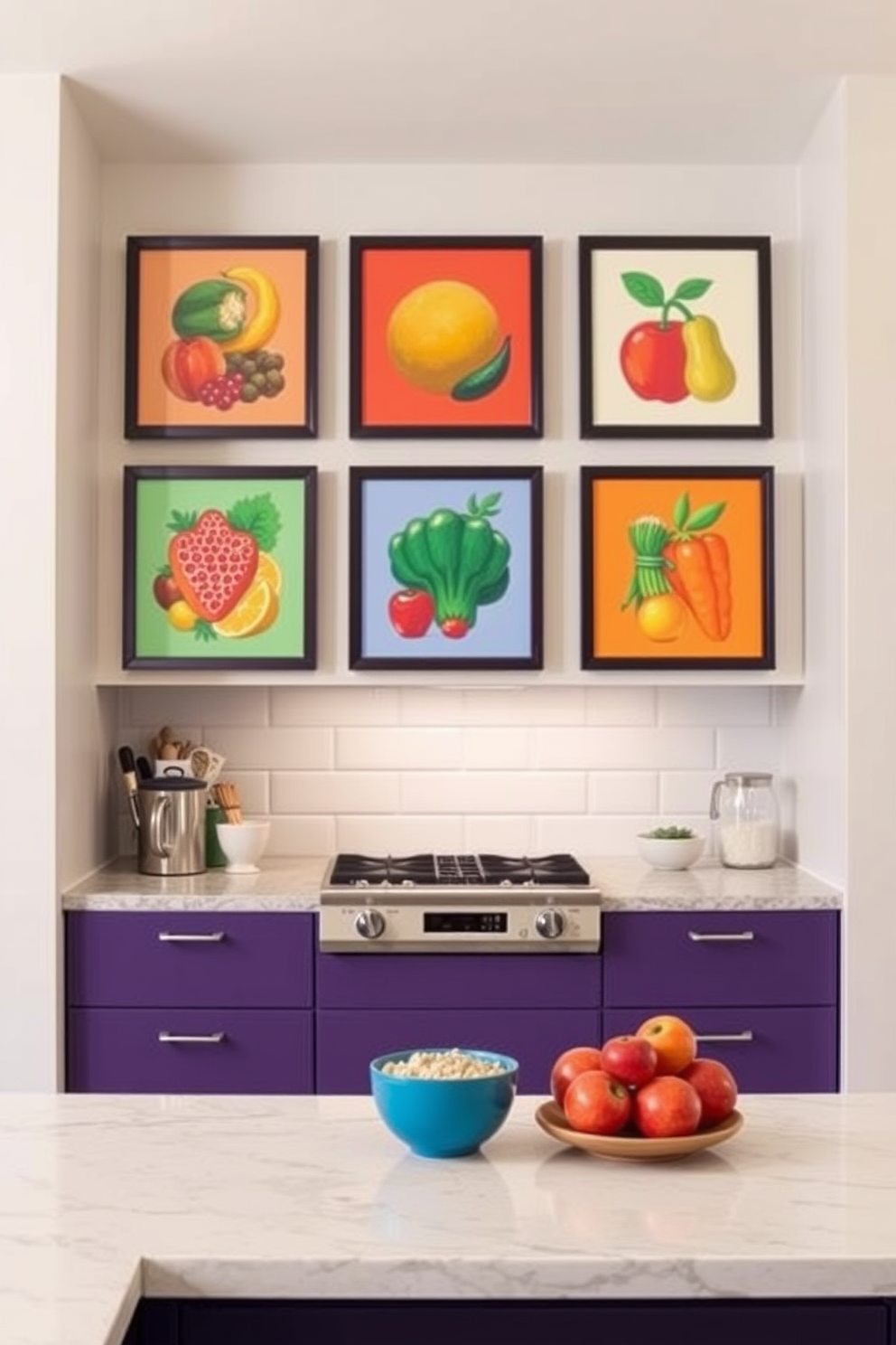 Brightly colored framed food art prints adorn the kitchen walls, creating a vibrant and inviting atmosphere. The prints feature a variety of fruits and vegetables, each in bold hues that complement the cabinetry and countertops.