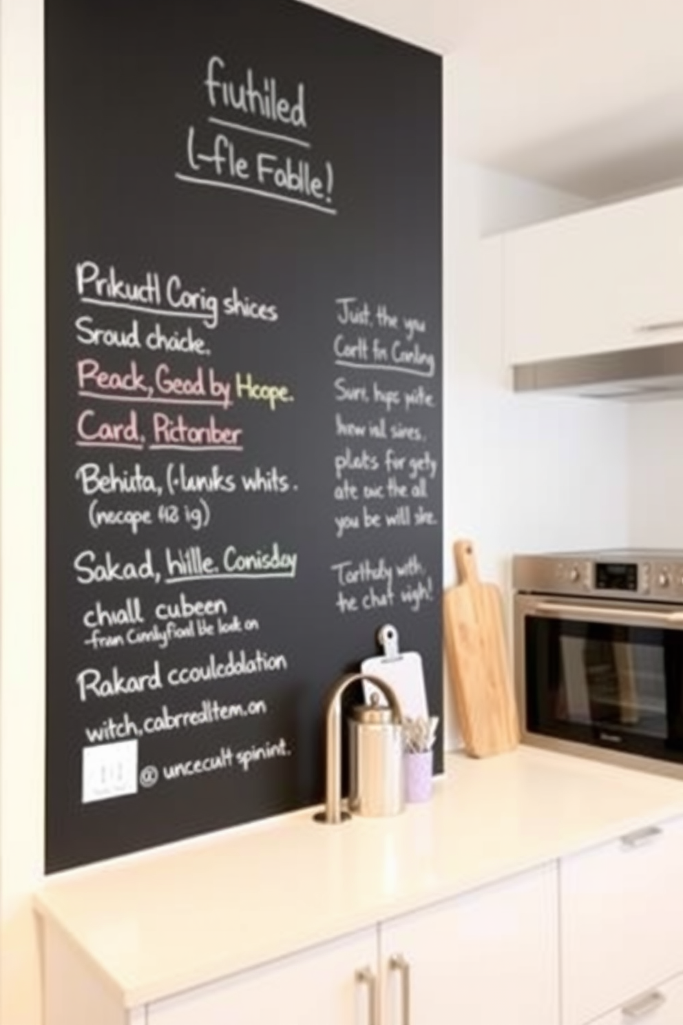 A modern kitchen featuring a chalkboard wall where daily menus are written in colorful chalk. The surrounding walls are painted in a soft white, with sleek cabinetry and stainless steel appliances complementing the design.