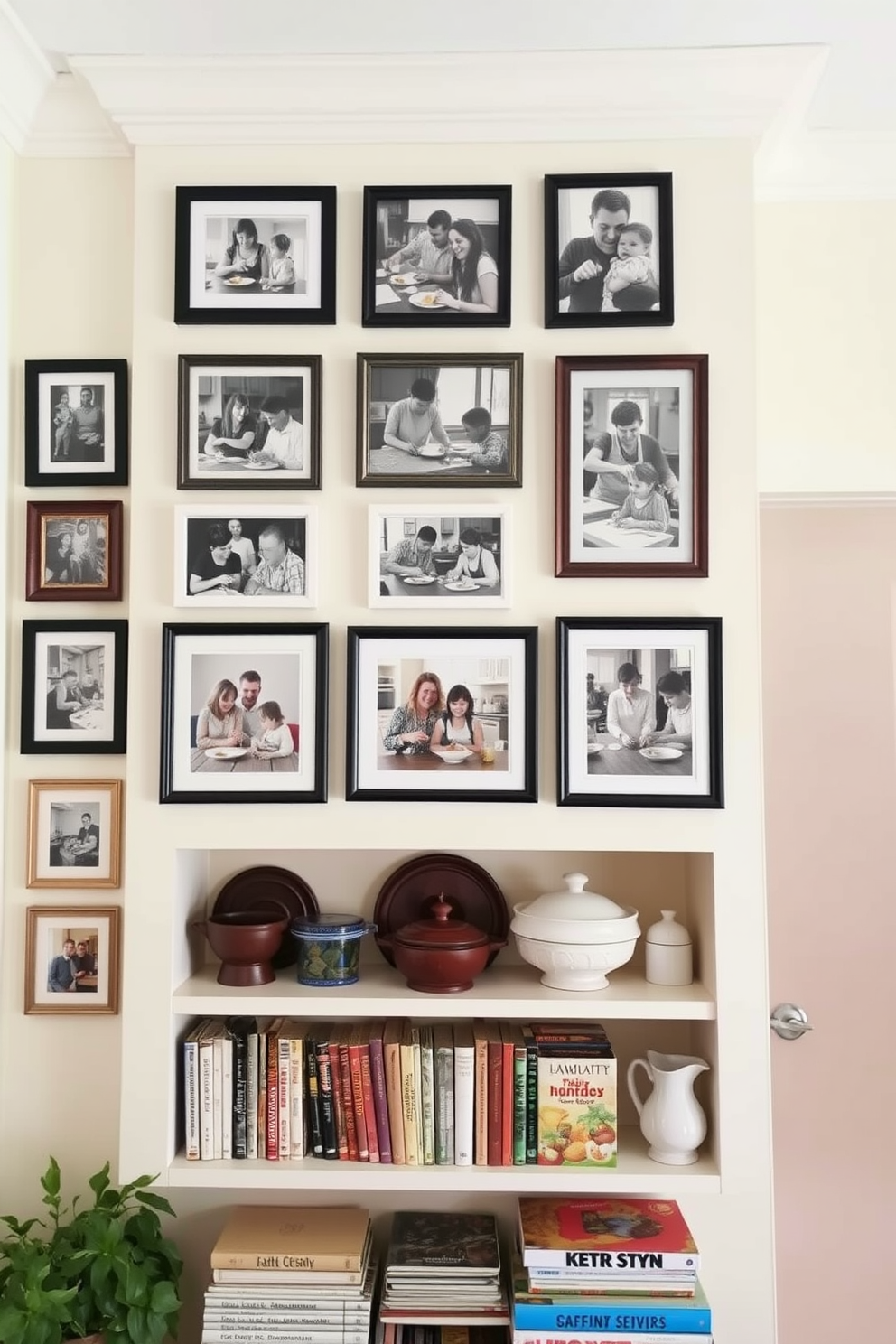 A gallery wall featuring family cooking photos is the centerpiece of the kitchen. The wall is adorned with a mix of framed black and white and colorful images that capture joyful moments in the kitchen. The surrounding walls are painted in a soft cream color to enhance the warmth of the photos. Open shelving below the gallery displays cookbooks and decorative kitchenware, adding to the inviting atmosphere.