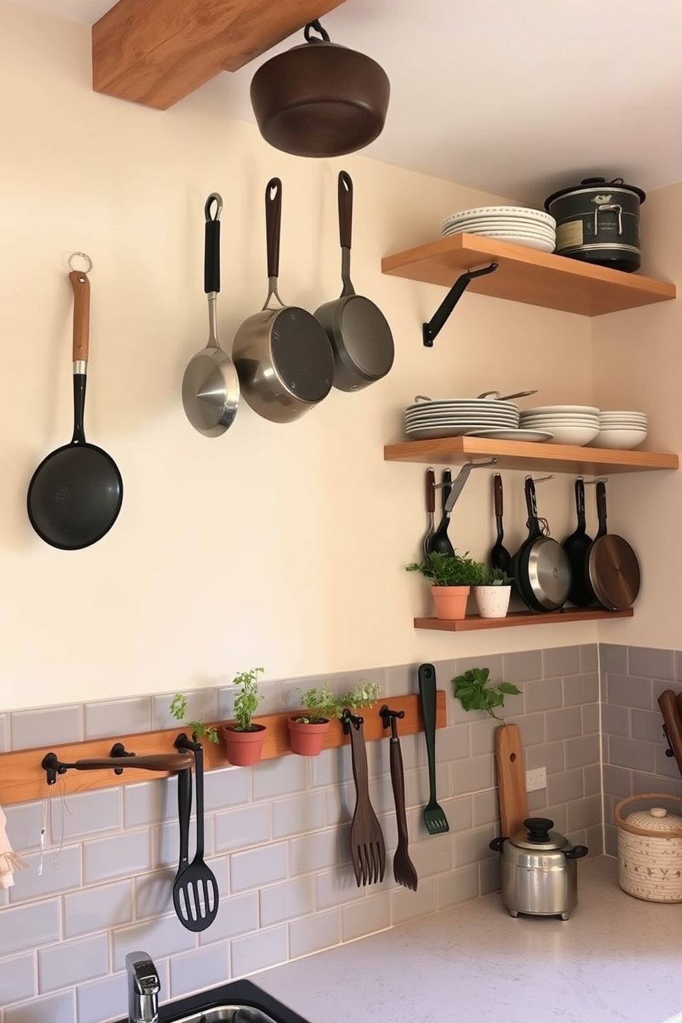 A cozy kitchen adorned with hanging pots and pans creates a warm and inviting atmosphere. The walls are painted in a soft cream color, complemented by open shelving displaying rustic dishware and herbs in small pots. The kitchen features a stylish backsplash made of subway tiles in a muted gray tone. A wooden peg rail holds various utensils and kitchen tools, adding both functionality and charm to the space.