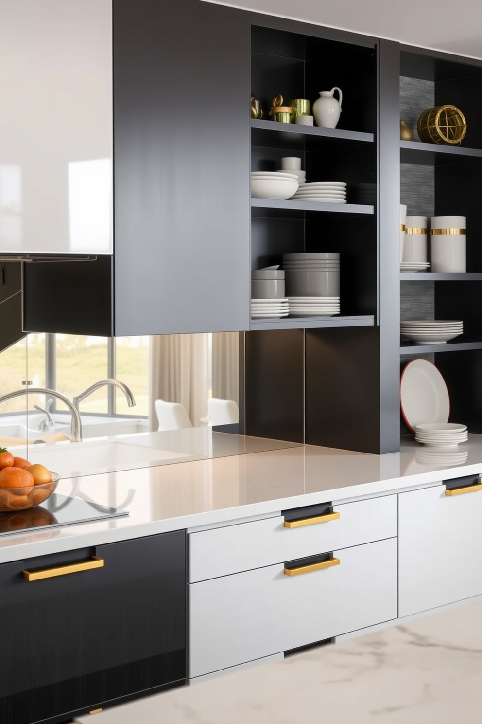 A modern kitchen featuring a mirrored backsplash that reflects light and creates a spacious ambiance. The cabinetry is sleek with a combination of matte black and glossy white finishes, complemented by brass hardware for a touch of elegance. The walls are adorned with a subtle textured wallpaper in soft gray tones, adding depth without overwhelming the space. Open shelving displays beautifully arranged dishware and decorative items, enhancing the kitchen's inviting atmosphere.