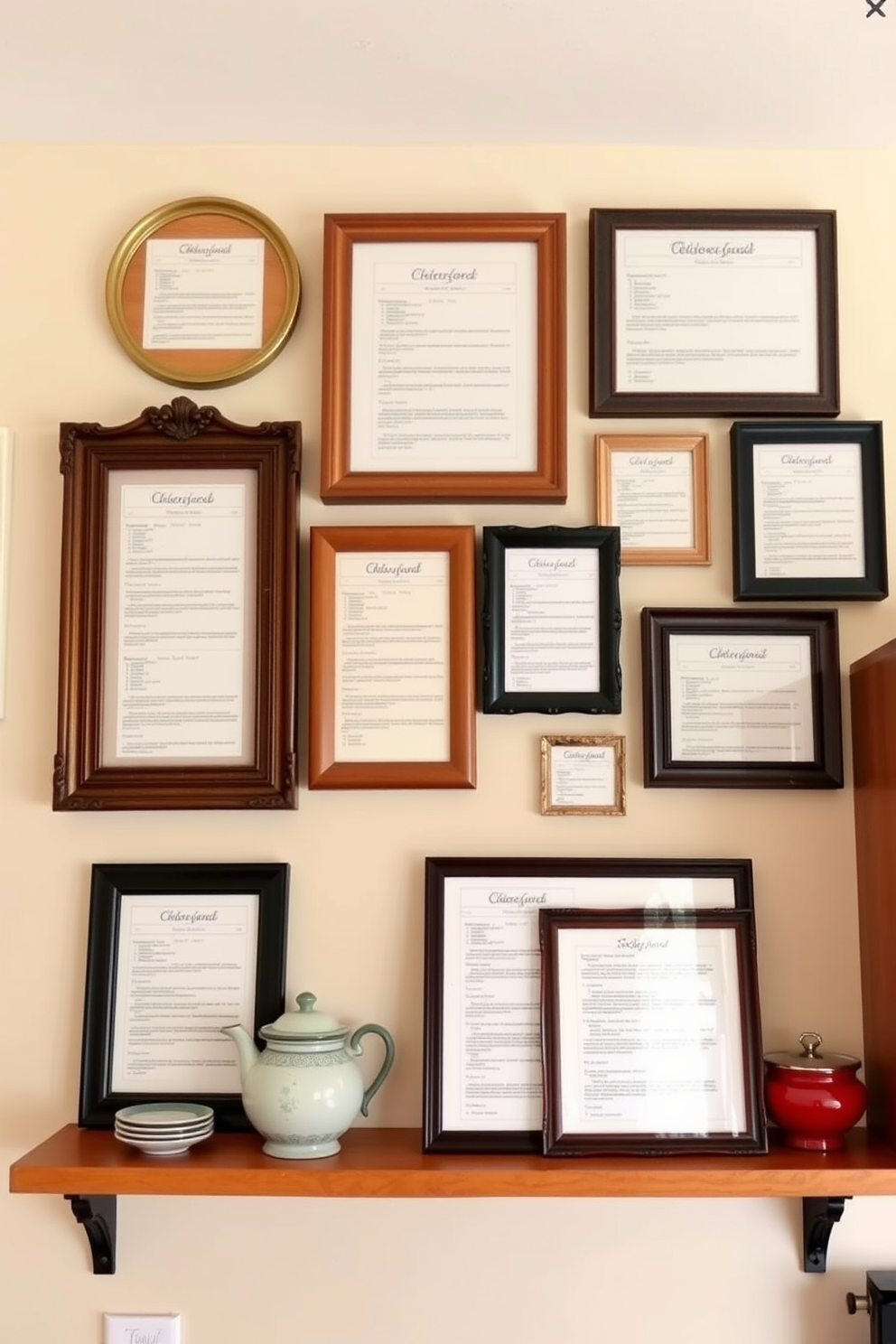 Framed recipe cards displayed in an array of unique frames adorn the kitchen wall. The frames vary in style and color, adding a personalized touch to the space while showcasing cherished family recipes. The background features a soft pastel hue that complements the vibrant colors of the recipe cards. Open shelving below holds decorative kitchenware, creating a warm and inviting atmosphere.