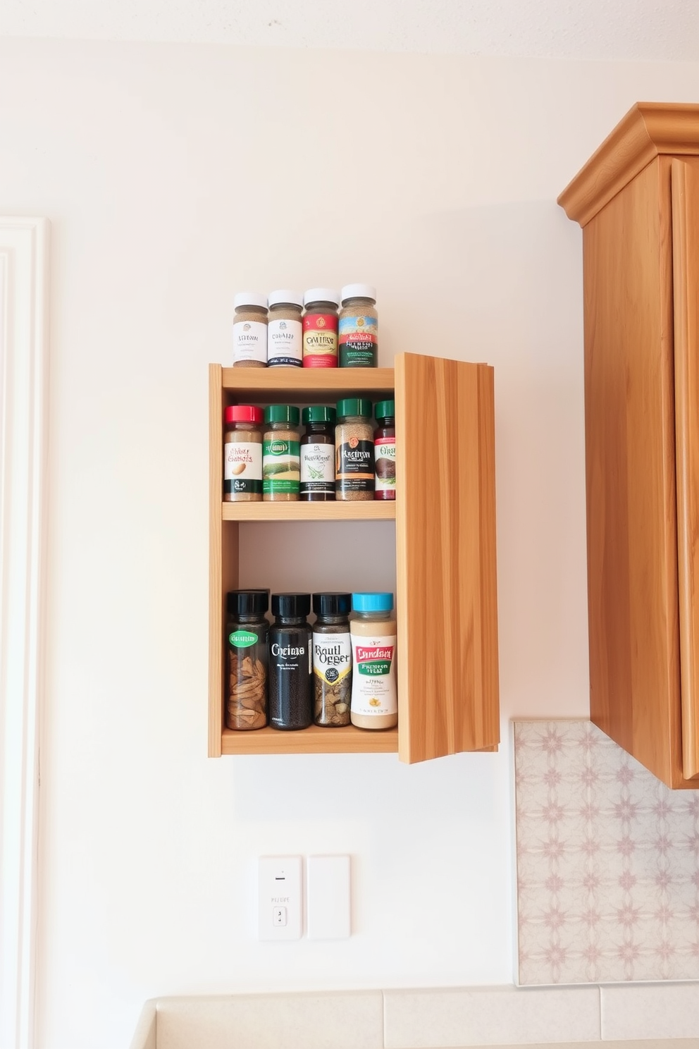 A wall-mounted spice rack is installed above the countertop for easy access and organization. The rack is made of natural wood and holds an array of colorful spice jars, adding both functionality and aesthetic appeal to the kitchen. The kitchen walls are painted in a soft, warm white, creating a bright and inviting atmosphere. Decorative tiles in a subtle geometric pattern line the backsplash, complementing the spice rack and enhancing the overall design.